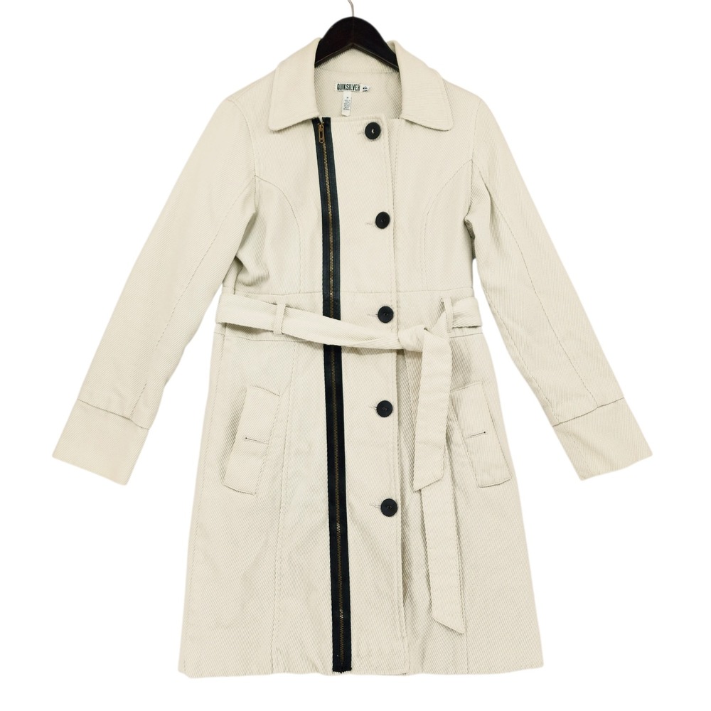 Quiksilver Corduroy Trench Coat M Wom Cream Asymmetric Zip Moto‎ Biker Steampunk
